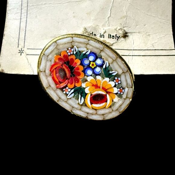 Vintage Italian Floral Micro Mosaic Earrings & Brooch Set on Card - Picture 5 of 11